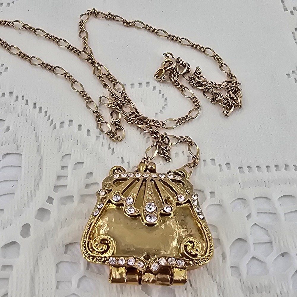 Vintage Gold Tone Purse Locket Necklace Rhinestone Handbag Pendant 1928